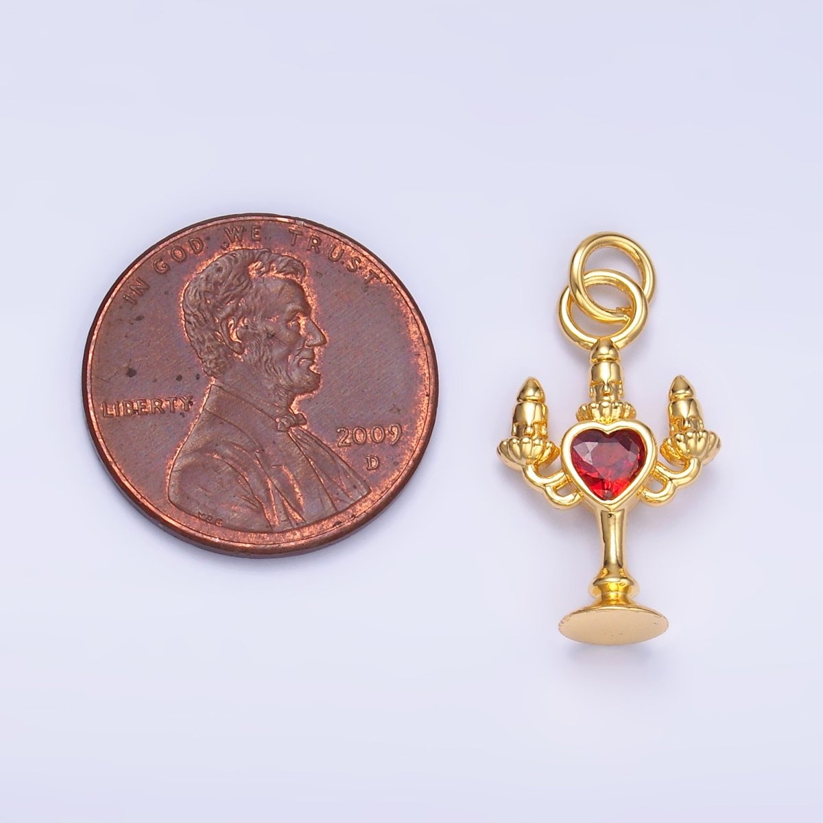 24K Gold Filled Clear, Red CZ Heart Candle Candelabrum Charm in Gold & Silver | W339