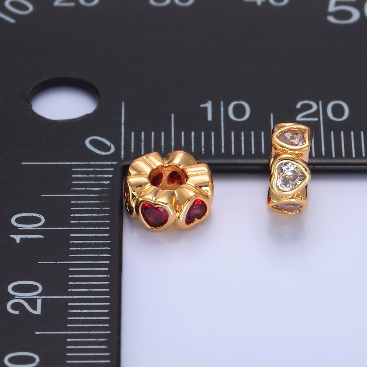 24K Gold Filled Clear, Red, Green, Pink CZ Heart Rhondelle Bead | B139 B140