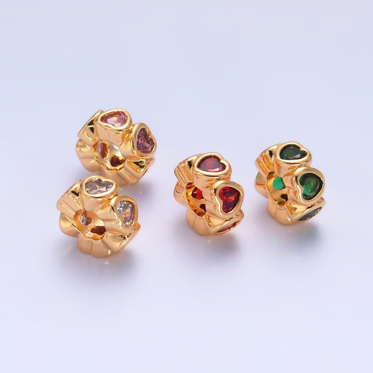 24K Gold Filled Clear, Red, Green, Pink CZ Heart Rhondelle Bead | B139 B140