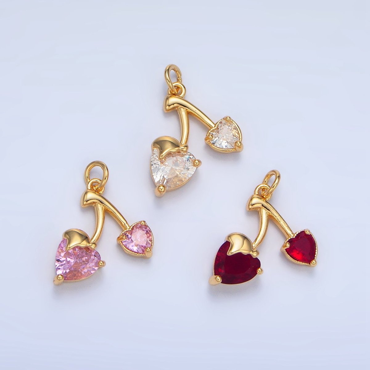 24K Gold Filled Clear, Red, Pink CZ Cherry Fruit Mini Charm | X601 X602