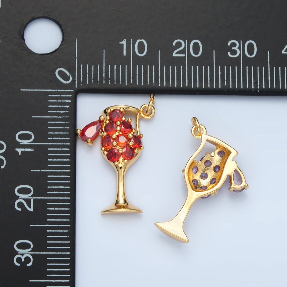 24K Gold Filled Clear, Red, Pink, Purple Micro Paved CZ Open Champagne Alcohol Drink Charm | E681 E682