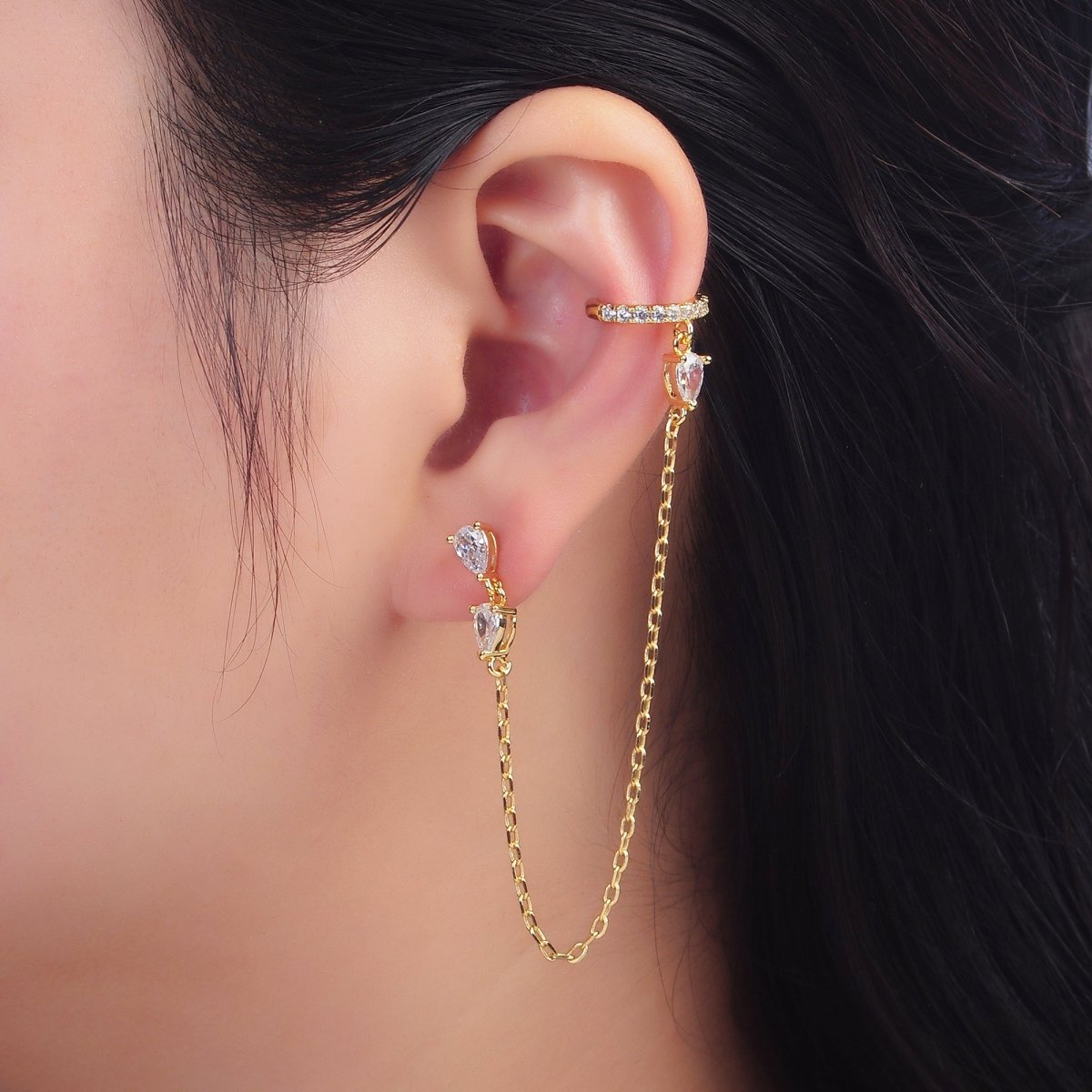 24K Gold Filled Clear Teardrop CZ Micro Paved Drop Stud Ear Cuff Earrings | AB1415 - DLUXCA