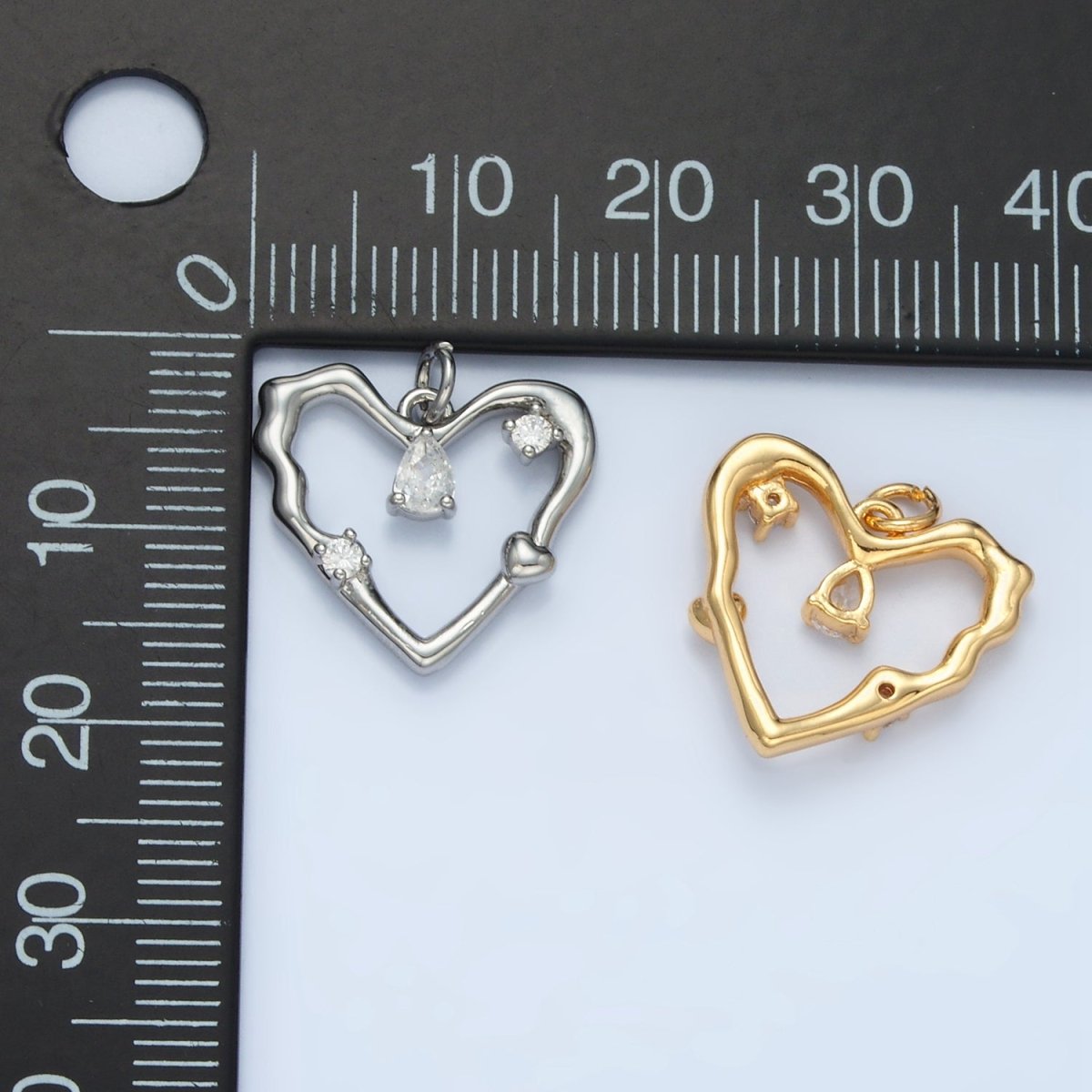24K Gold Filled Clear Teardrop CZ Open Molten Heart Charm in Gold & Silver | E374
