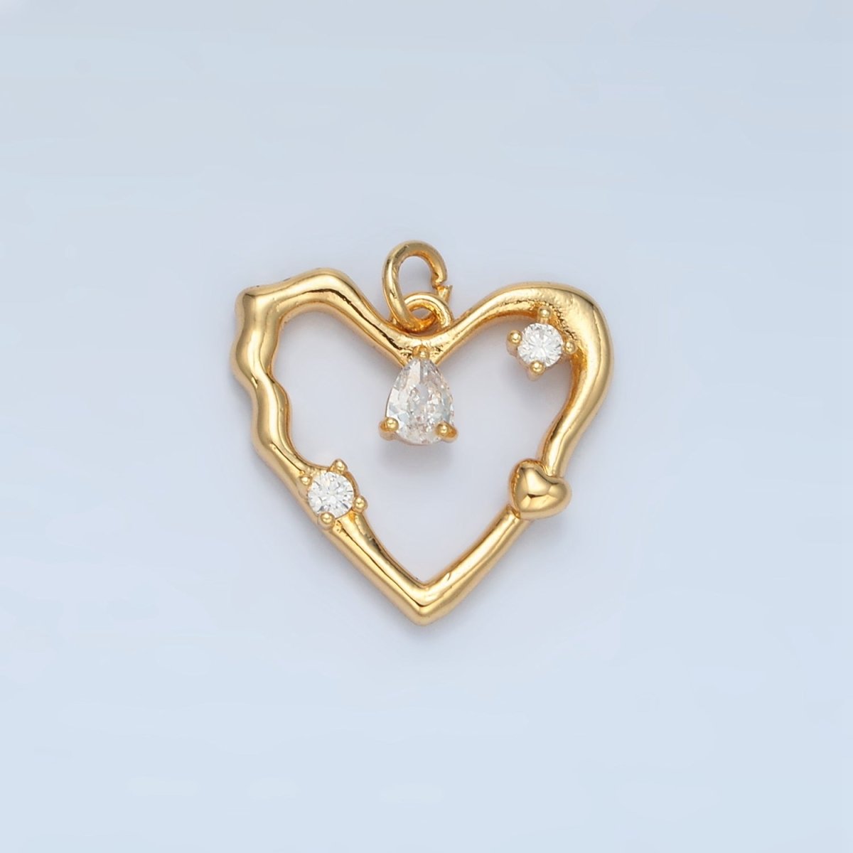 24K Gold Filled Clear Teardrop CZ Open Molten Heart Charm in Gold & Silver | E374
