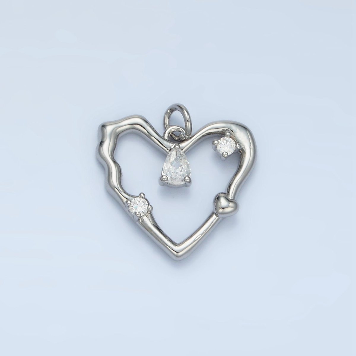 24K Gold Filled Clear Teardrop CZ Open Molten Heart Charm in Gold & Silver | E374