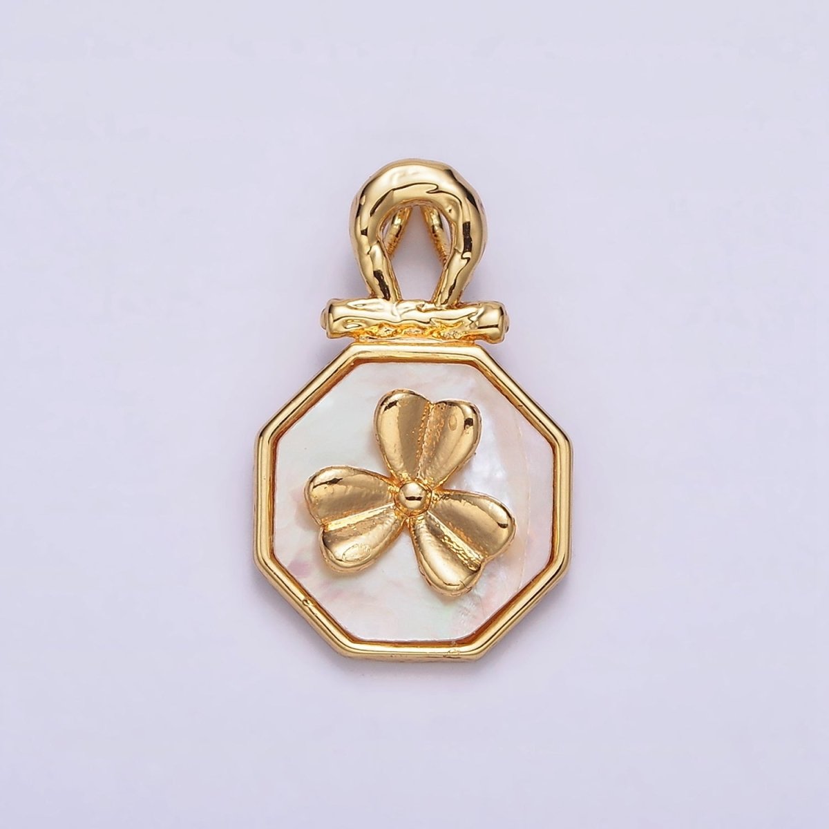 24K Gold Filled Clover Shell Pearl Molten Bail Hexagonal Pendant | AA604 - DLUXCA
