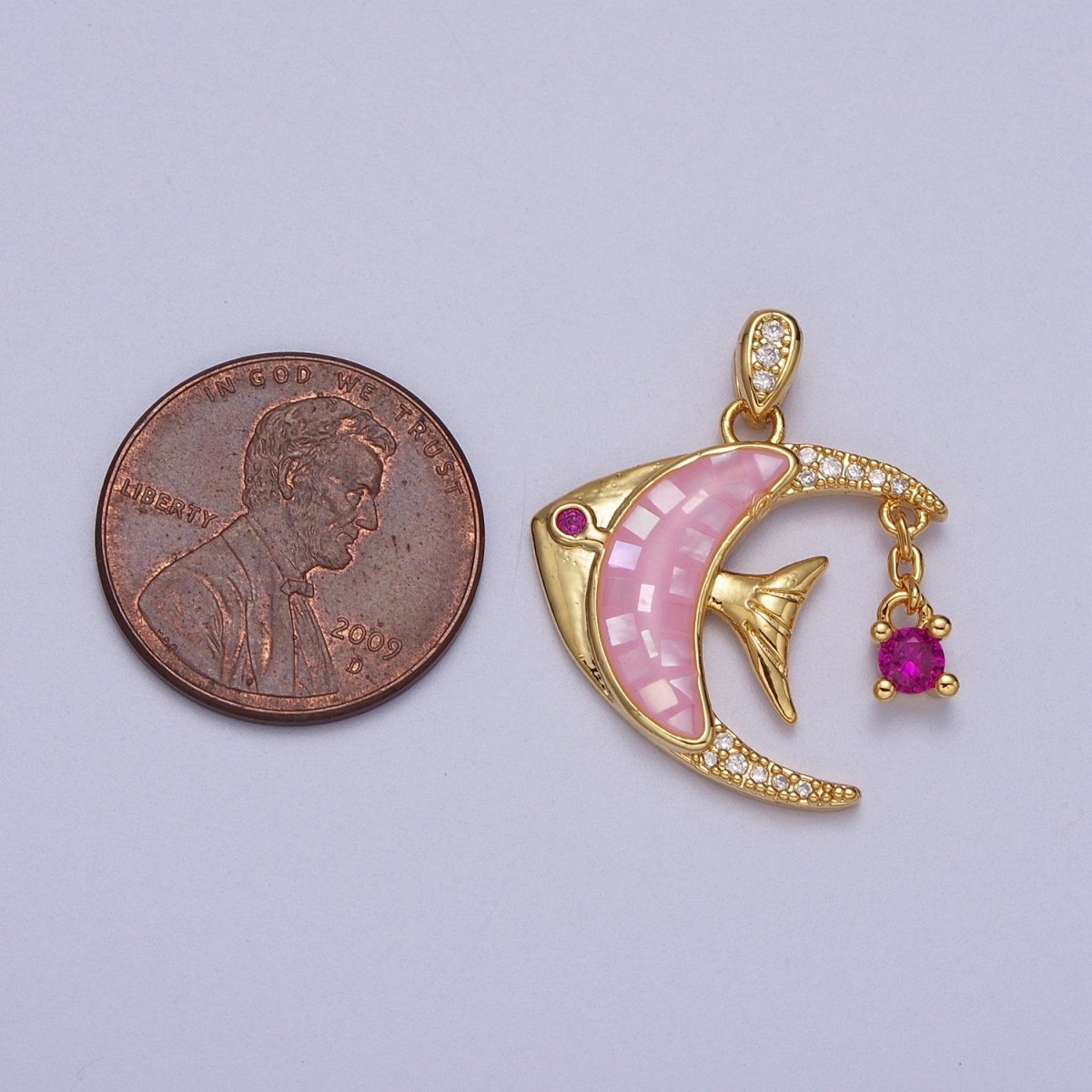 24K Gold Filled Clown Fish Micro Paved White, Black, Pink Shell Opal w. Fuchsia CZ Dangle H-306 H-308 H-319