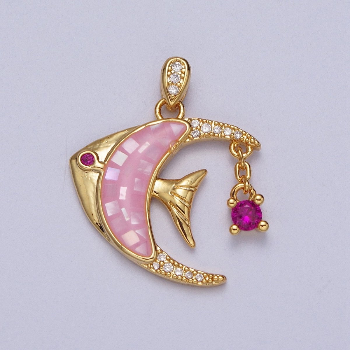 24K Gold Filled Clown Fish Micro Paved White, Black, Pink Shell Opal w. Fuchsia CZ Dangle H-306 H-308 H-319