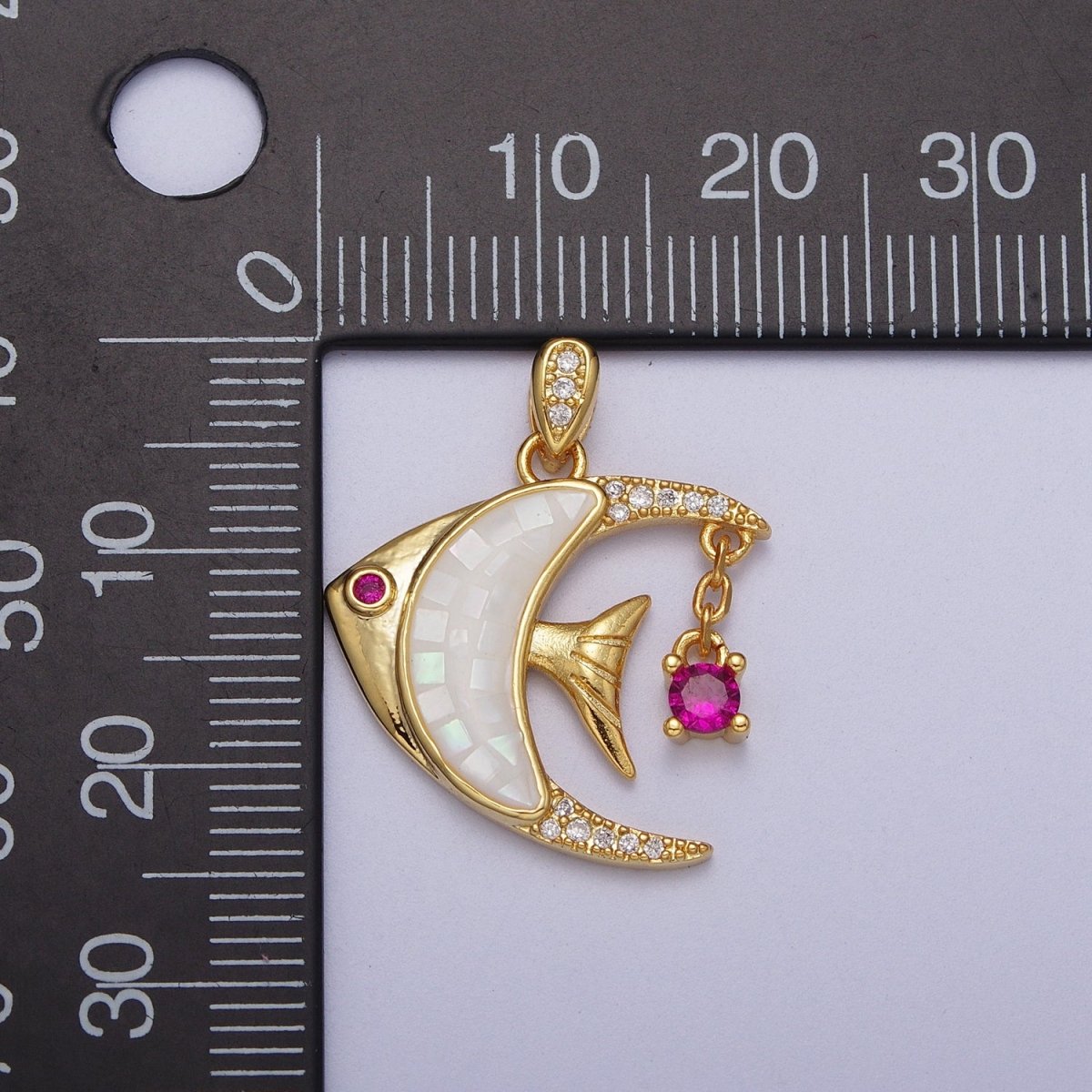 24K Gold Filled Clown Fish Micro Paved White, Black, Pink Shell Opal w. Fuchsia CZ Dangle H-306 H-308 H-319