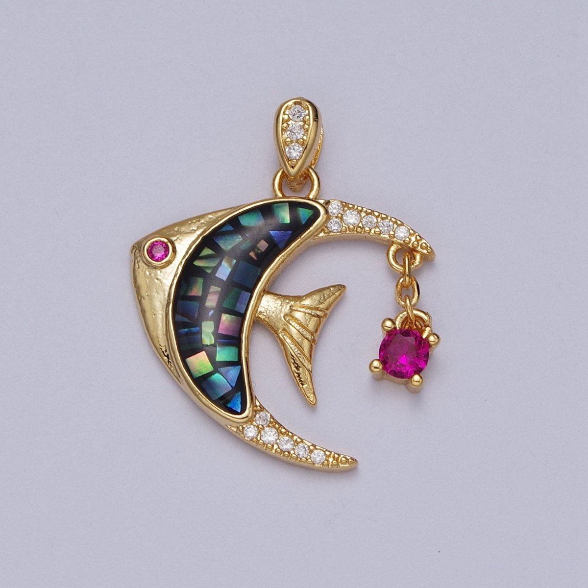 24K Gold Filled Clown Fish Micro Paved White, Black, Pink Shell Opal w. Fuchsia CZ Dangle H-306 H-308 H-319