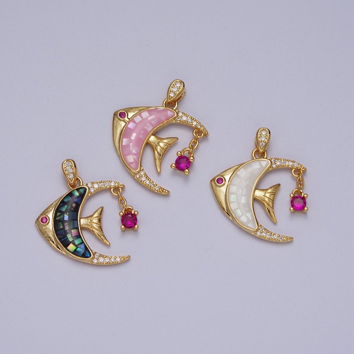 24K Gold Filled Clown Fish Micro Paved White, Black, Pink Shell Opal w. Fuchsia CZ Dangle H-306 H-308 H-319