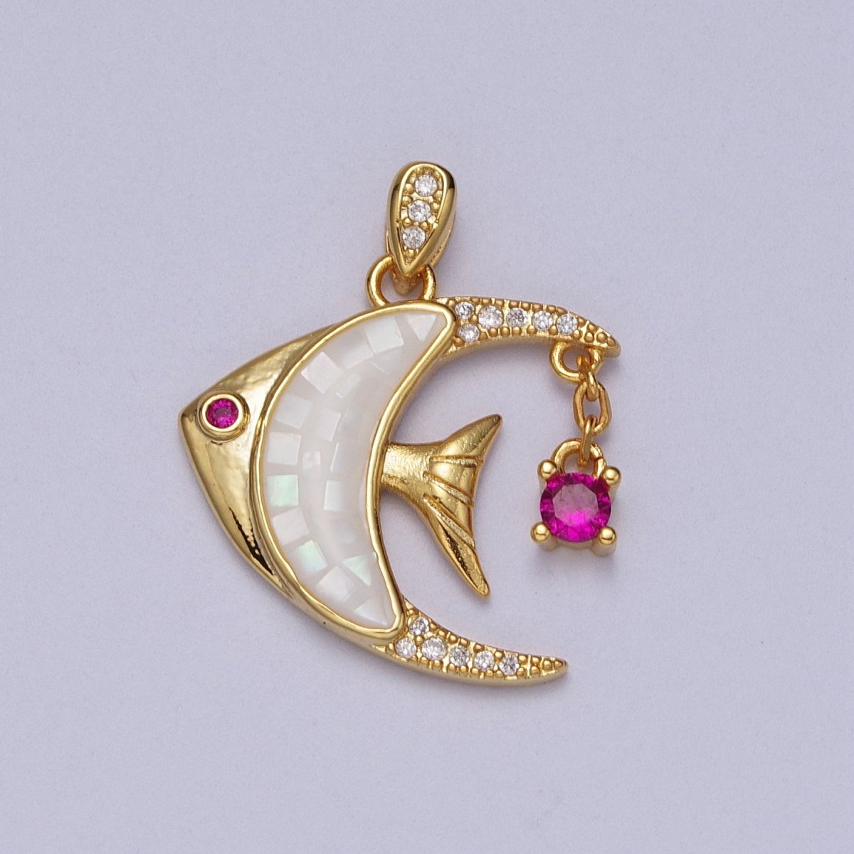 24K Gold Filled Clown Fish Micro Paved White, Black, Pink Shell Opal w. Fuchsia CZ Dangle H-306 H-308 H-319