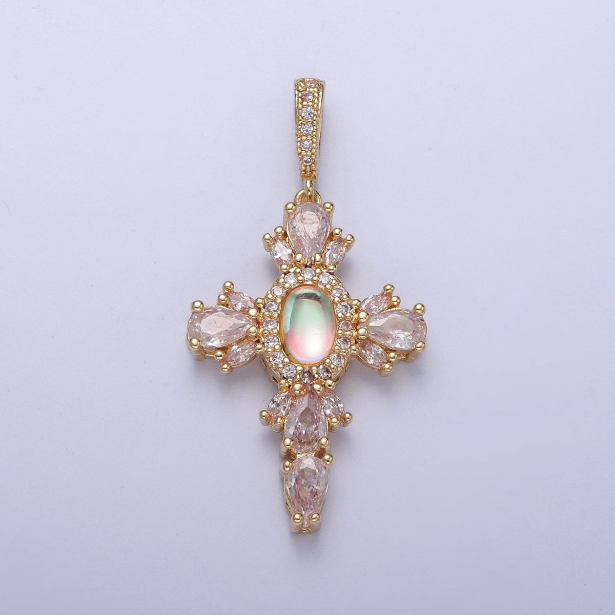 24K Gold Filled Cross Pendant Charm, Micro Pave Clear CZ Cubic Zirconia & Moonstone Religious Jewelry I-351 - DLUXCA