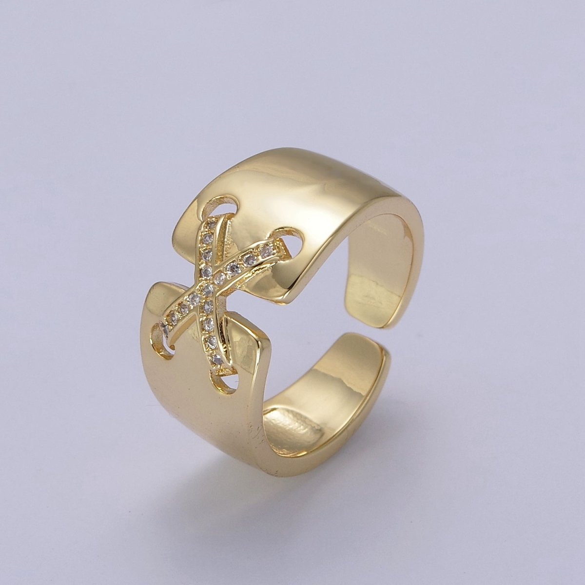 24K Gold Filled Cross X Ribbon Tied Ring, Thick Statement Gold & Silver Open Adjustable Ring U-533 U-534