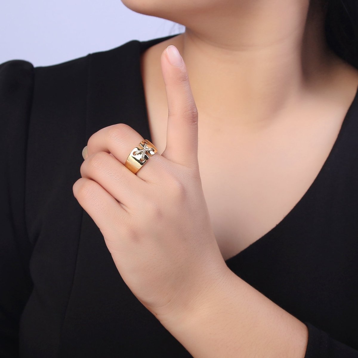 24K Gold Filled Cross X Ribbon Tied Ring, Thick Statement Gold & Silver Open Adjustable Ring U-533 U-534