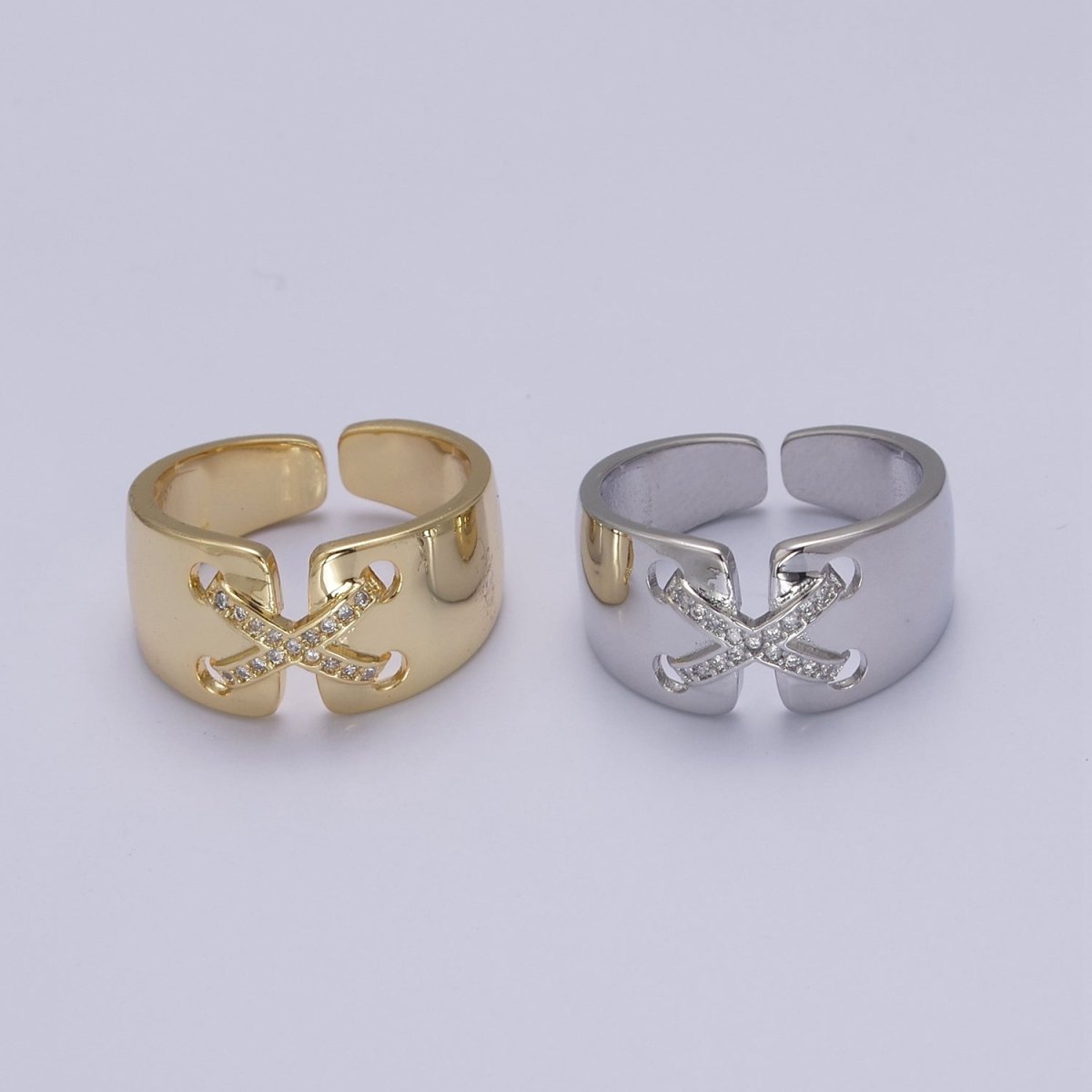 24K Gold Filled Cross X Ribbon Tied Ring, Thick Statement Gold & Silver Open Adjustable Ring U-533 U-534