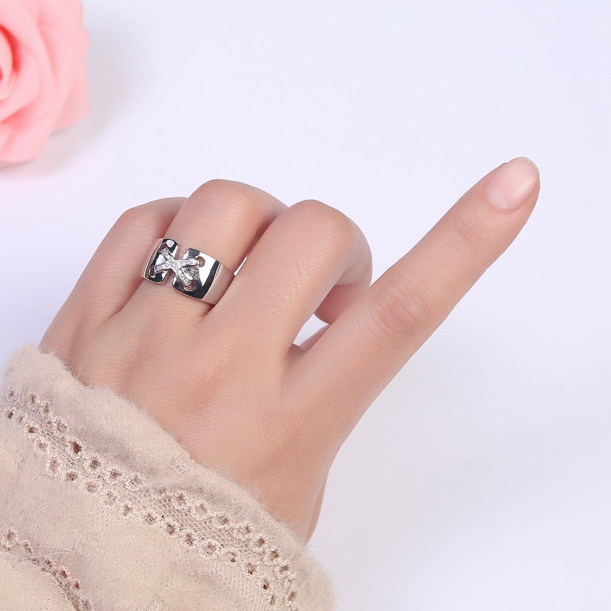 24K Gold Filled Cross X Ribbon Tied Ring, Thick Statement Gold & Silver Open Adjustable Ring U-533 U-534