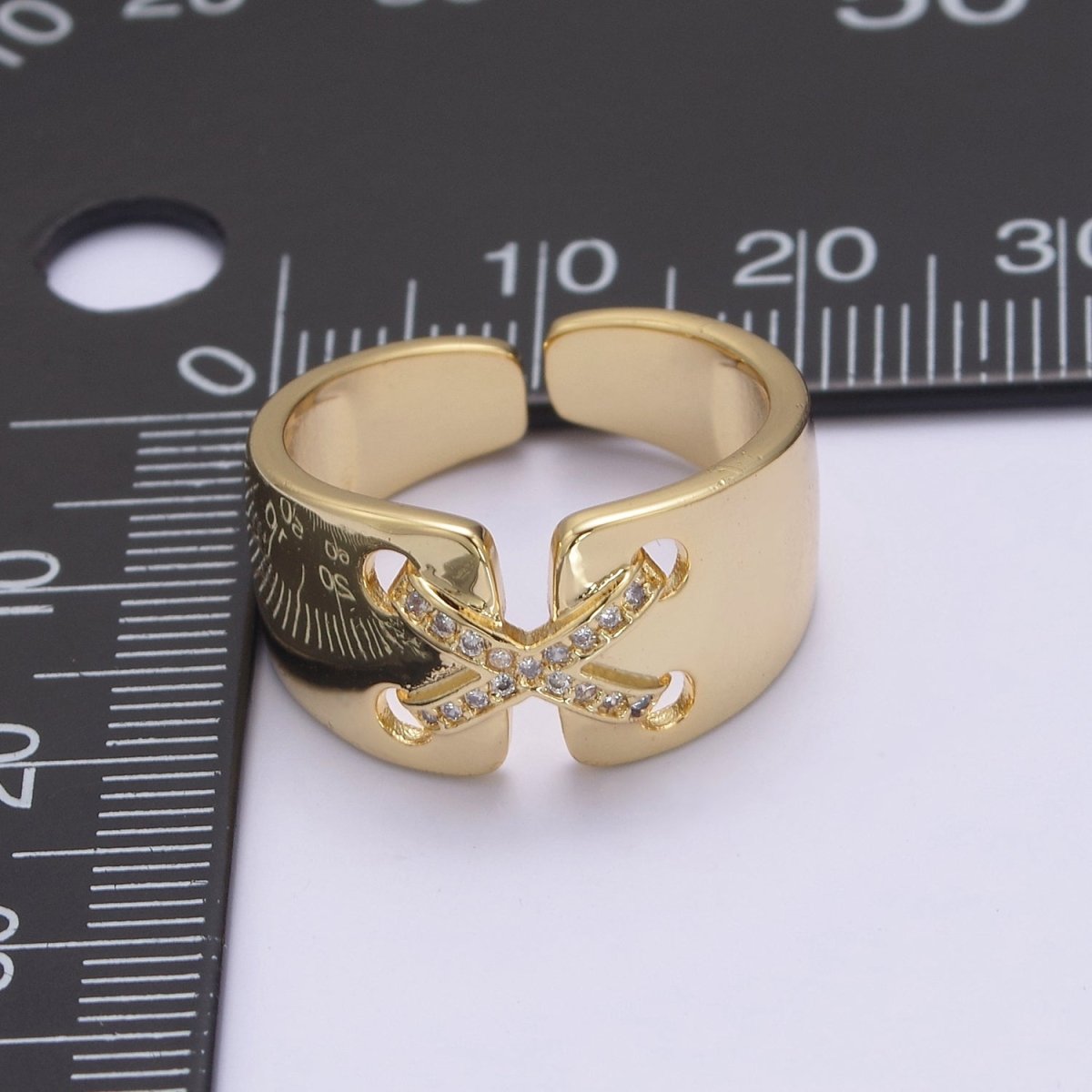 24K Gold Filled Cross X Ribbon Tied Ring, Thick Statement Gold & Silver Open Adjustable Ring U-533 U-534