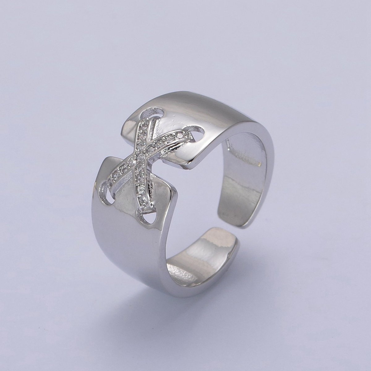 24K Gold Filled Cross X Ribbon Tied Ring, Thick Statement Gold & Silver Open Adjustable Ring U-533 U-534