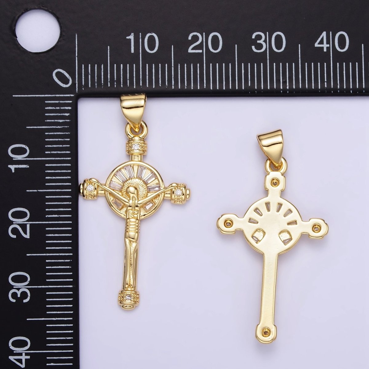 24K Gold Filled Crucifix Cross CZ Baguette Pendant | AA1330 - DLUXCA