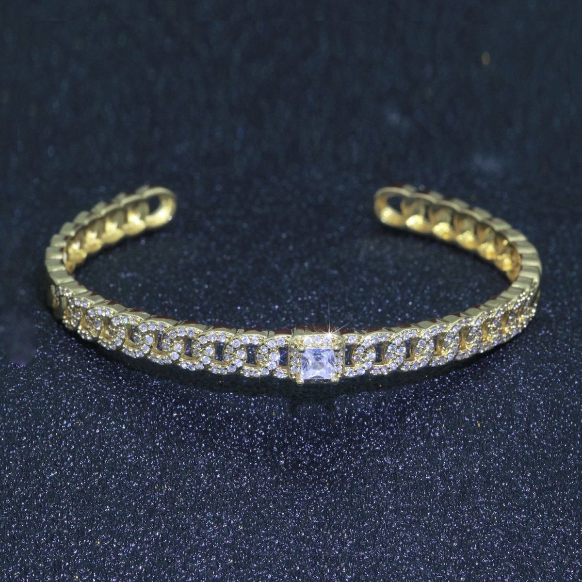 24K Gold Filled Cuban Curb Chain Bracelet With CZ Stones Wholesale Open Adjustable Bangle Fashion Jewelry | WA-072 Clearance Pricing