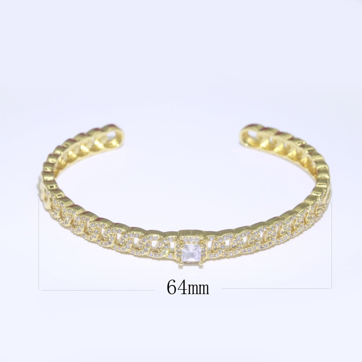 24K Gold Filled Cuban Curb Chain Bracelet With CZ Stones Wholesale Open Adjustable Bangle Fashion Jewelry | WA-072 Clearance Pricing