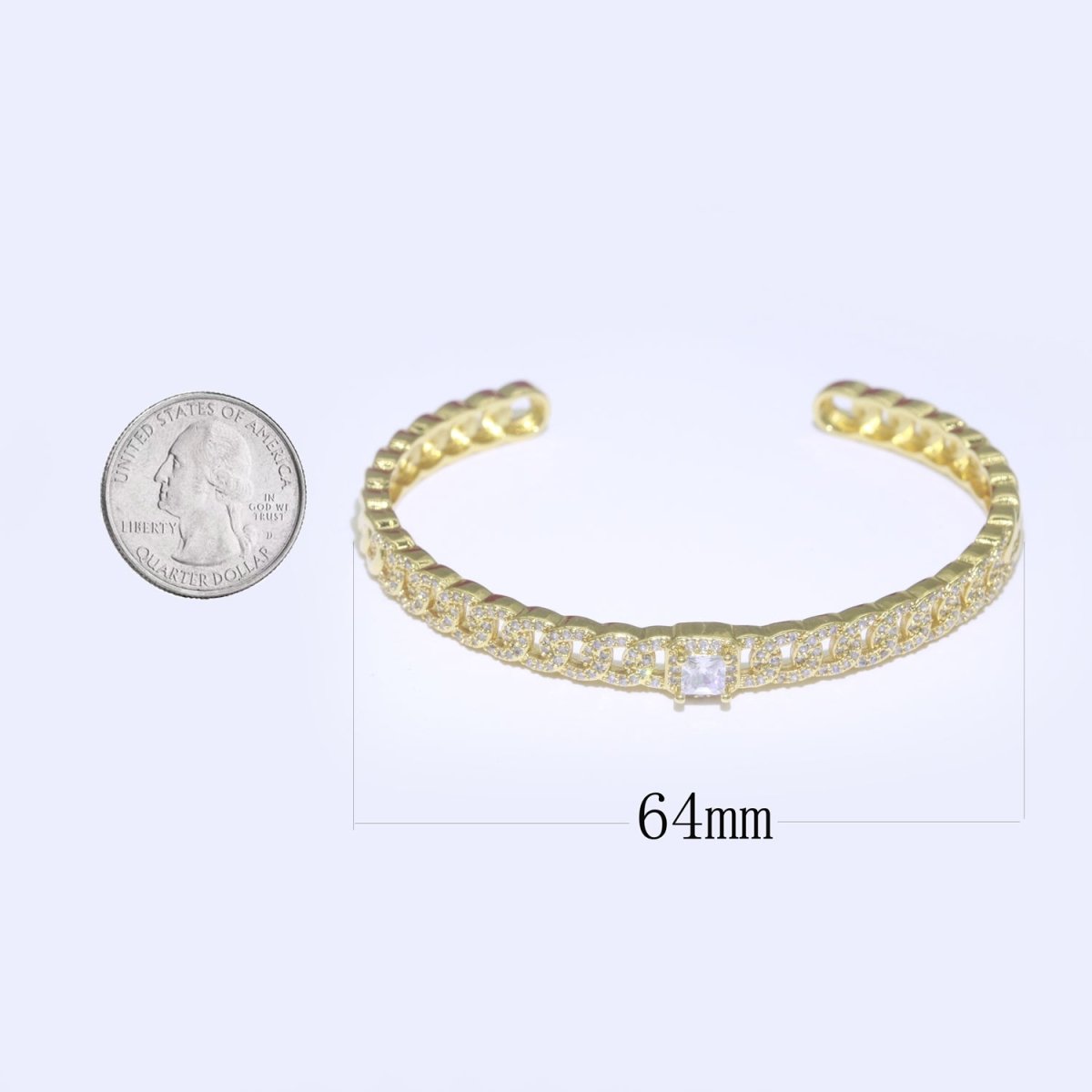24K Gold Filled Cuban Curb Chain Bracelet With CZ Stones Wholesale Open Adjustable Bangle Fashion Jewelry | WA-072 Clearance Pricing