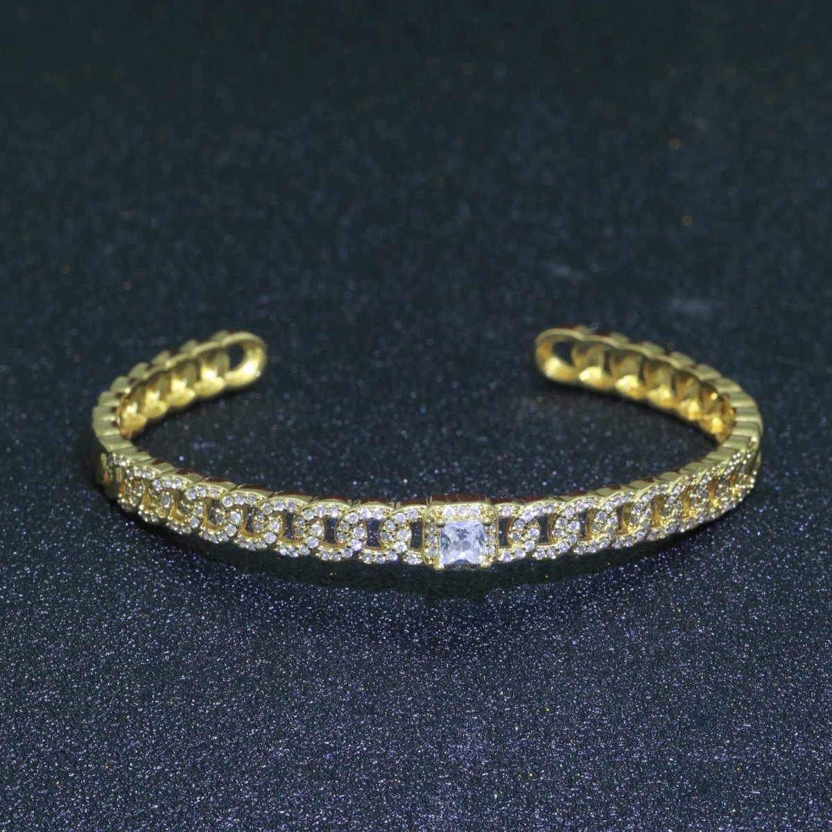 24K Gold Filled Cuban Curb Chain Bracelet With CZ Stones Wholesale Open Adjustable Bangle Fashion Jewelry | WA-072 Clearance Pricing