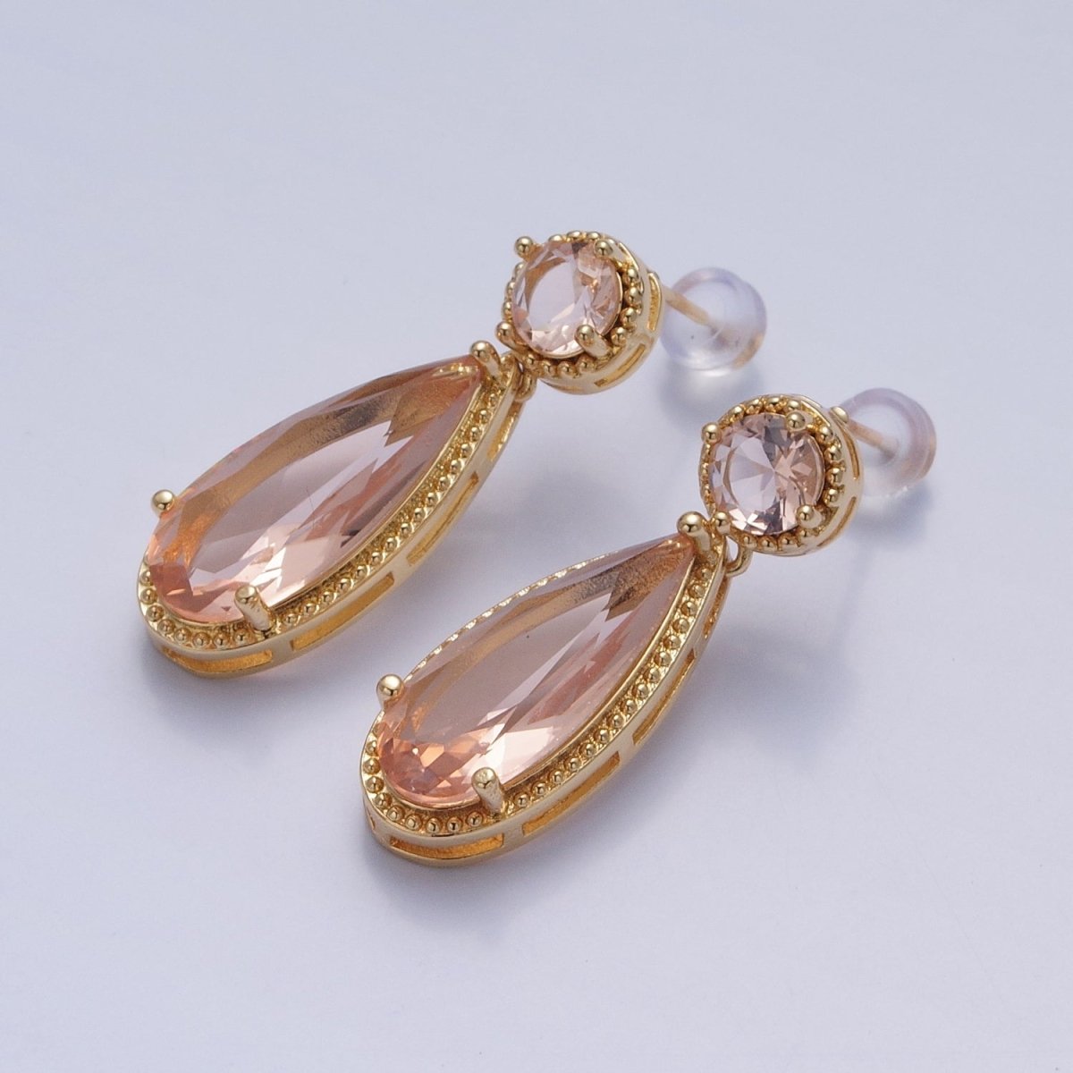 24K Gold Filled Cubic Zirconia Teardrop Stud Earrings with Round CZ Post V-401