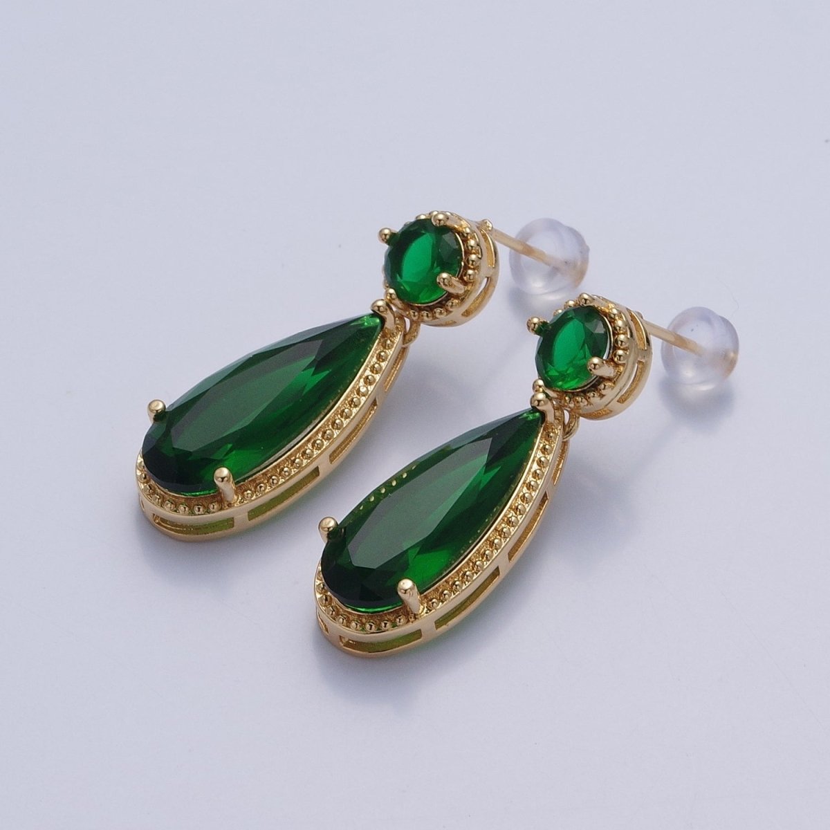 24K Gold Filled Cubic Zirconia Teardrop Stud Earrings with Round CZ Post V-401