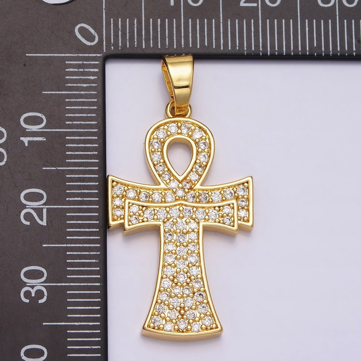 24K Gold Filled Curved Ankh Egyptian Cross Micro Paved CZ Pendant in Gold & Silver | AA465 AA466