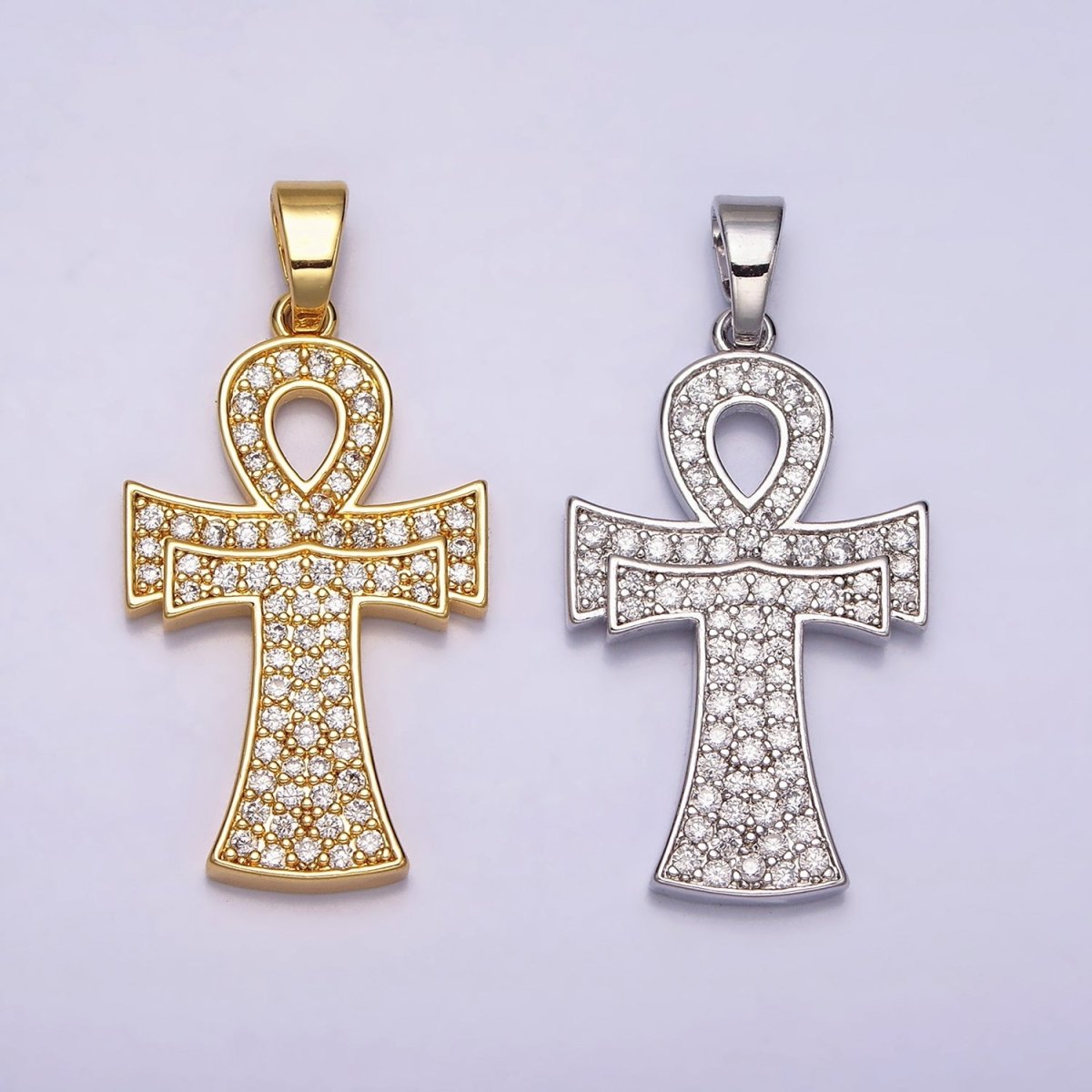 24K Gold Filled Curved Ankh Egyptian Cross Micro Paved CZ Pendant in Gold & Silver | AA465 AA466