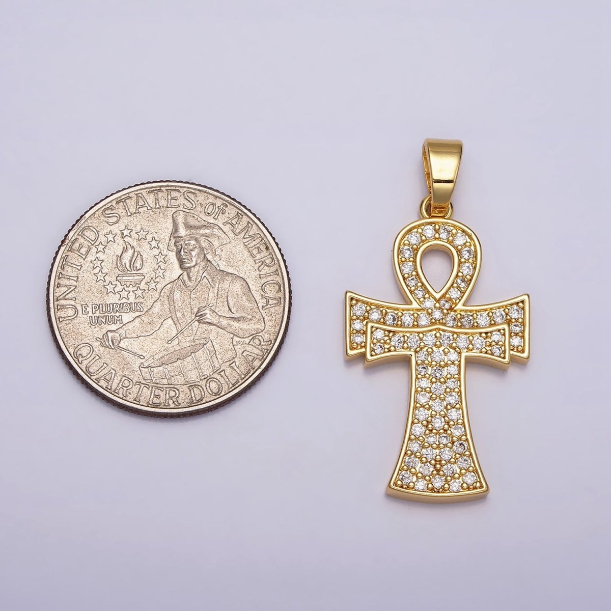 24K Gold Filled Curved Ankh Egyptian Cross Micro Paved CZ Pendant in Gold & Silver | AA465 AA466