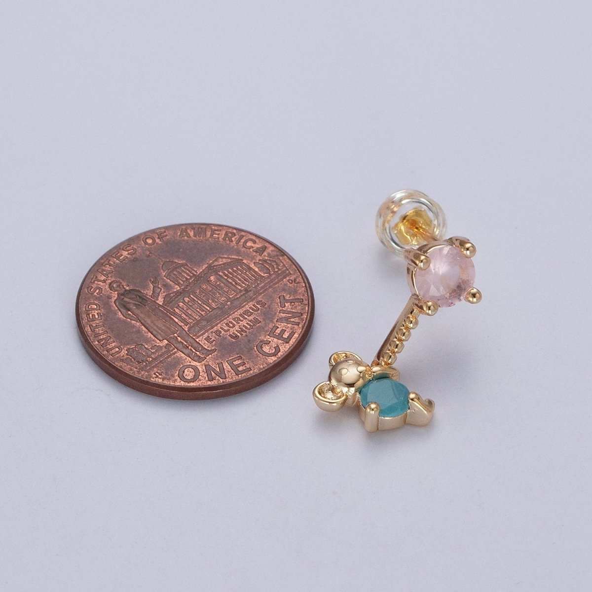 24K Gold Filled Cute CZ Pink Round Studs with Tiny Mouse Blue Cubic Zirconia Charm Dangle P-324 - DLUXCA
