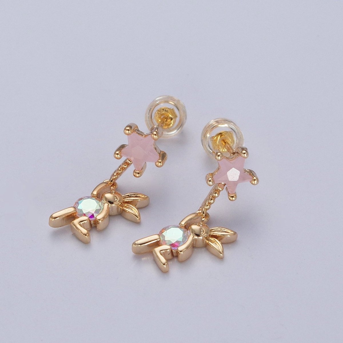 24K Gold Filled Cute CZ Pink Star Studs with Tiny Rabbit Charm Clear Cubic Zirconia Dangle Earrings, P-322 - DLUXCA