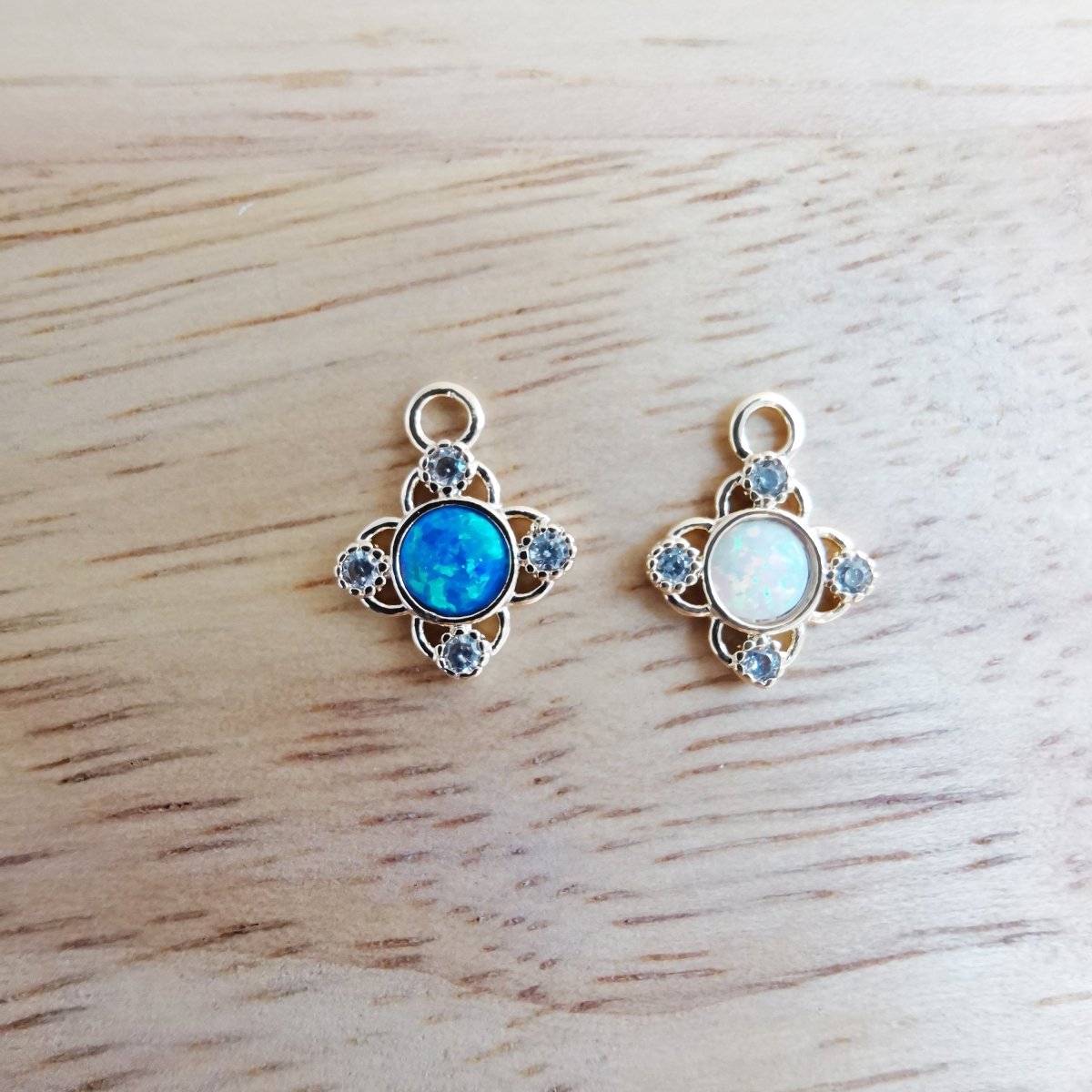 24K Gold Filled Cute Opal Flower Micro Pave CZ Charms, Dainty Blue Floral Cubic Zirconia Charm Bracelet Earring Necklace for Jewelry Making E-546 E-547