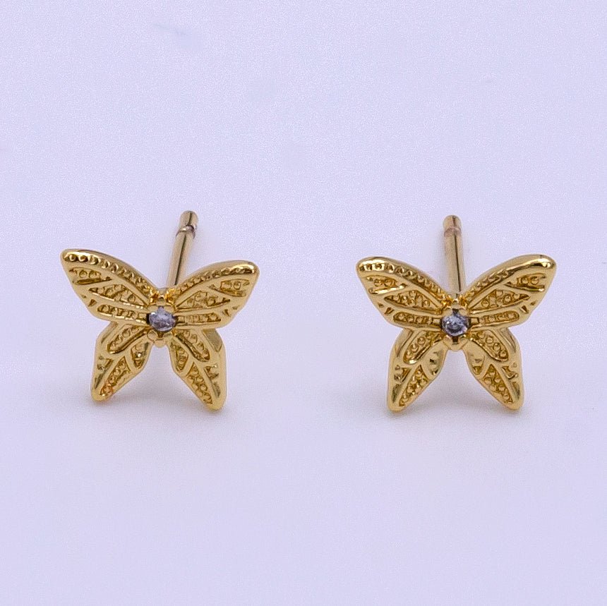 24K Gold Filled CZ Artisan Butterfly Insect Stud Earrings - DLUXCA