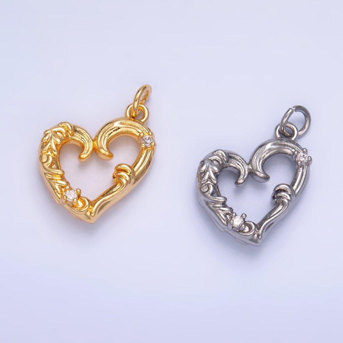 24K Gold Filled CZ Artisan Heart Charm in Gold & Silver | W372
