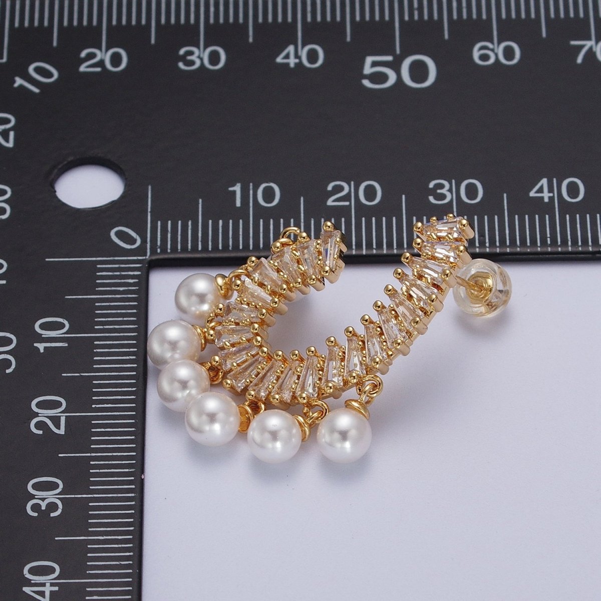 24K Gold Filled CZ Baguette Front Curve w. Pearl Dangle Stud Earrings in Gold & Silver | AD-277 AD-278