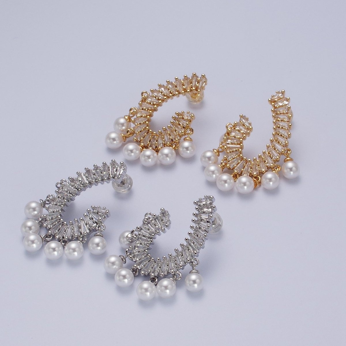 24K Gold Filled CZ Baguette Front Curve w. Pearl Dangle Stud Earrings in Gold & Silver | AD-277 AD-278