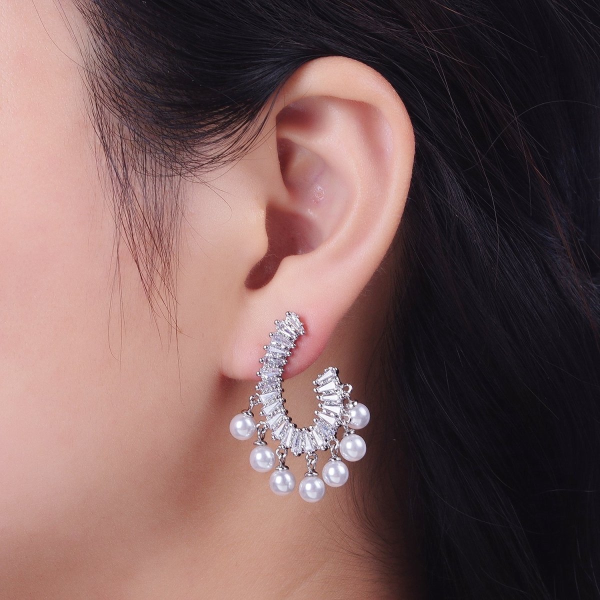 24K Gold Filled CZ Baguette Front Curve w. Pearl Dangle Stud Earrings in Gold & Silver | AD-277 AD-278