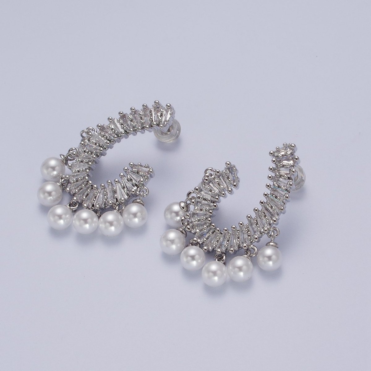 24K Gold Filled CZ Baguette Front Curve w. Pearl Dangle Stud Earrings in Gold & Silver | AD-277 AD-278