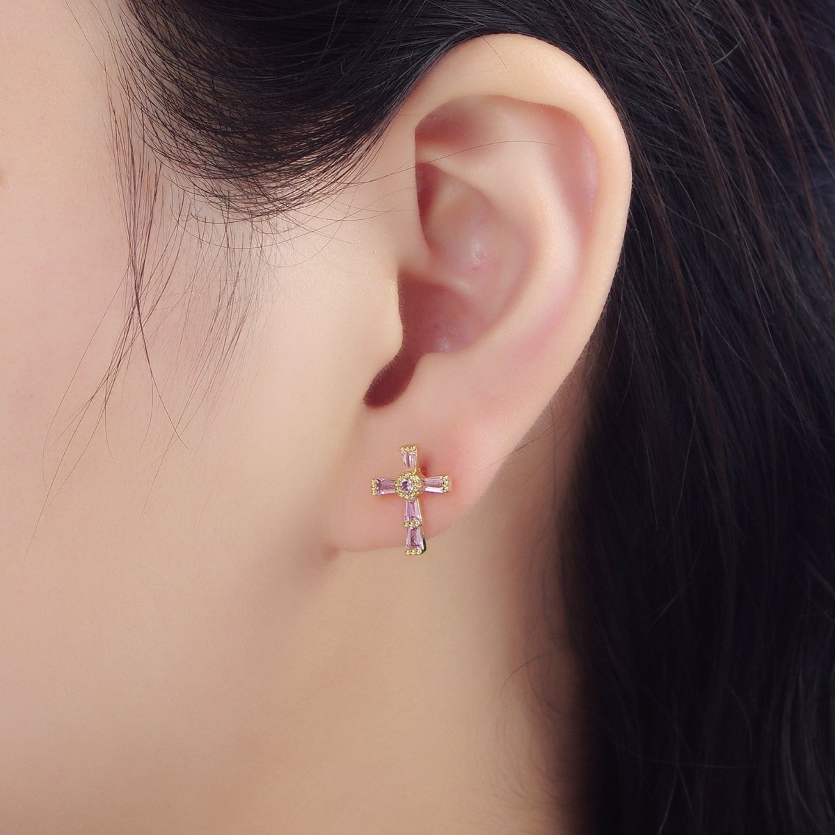 24K Gold Filled CZ Baguette Religious Cross Stud Earrings | P053 - P061