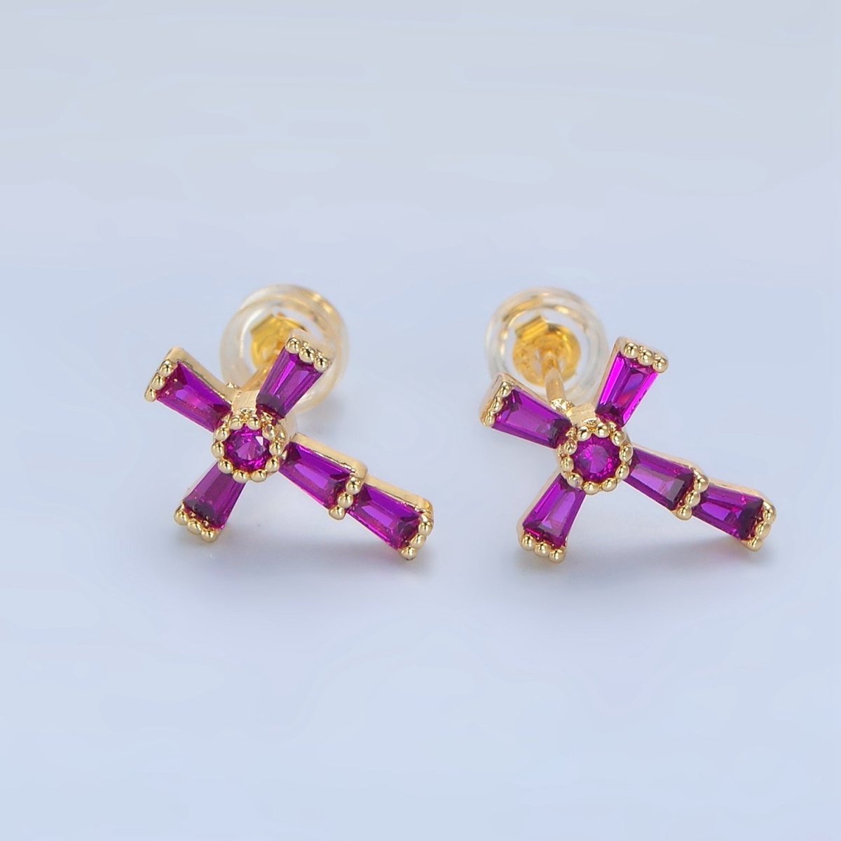 24K Gold Filled CZ Baguette Religious Cross Stud Earrings | P053 - P061