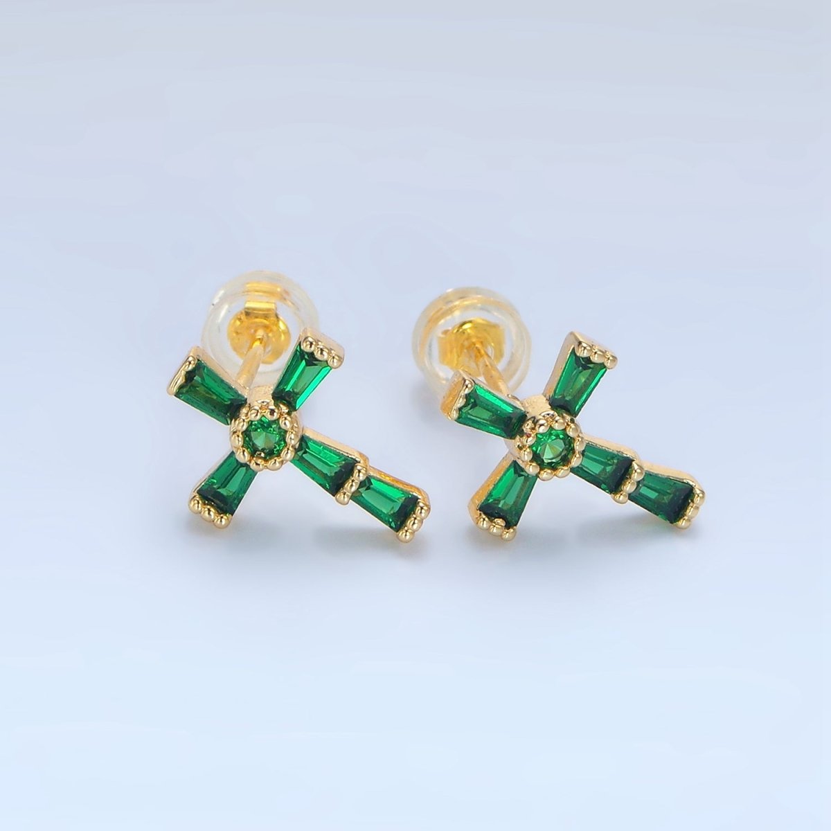 24K Gold Filled CZ Baguette Religious Cross Stud Earrings | P053 - P061