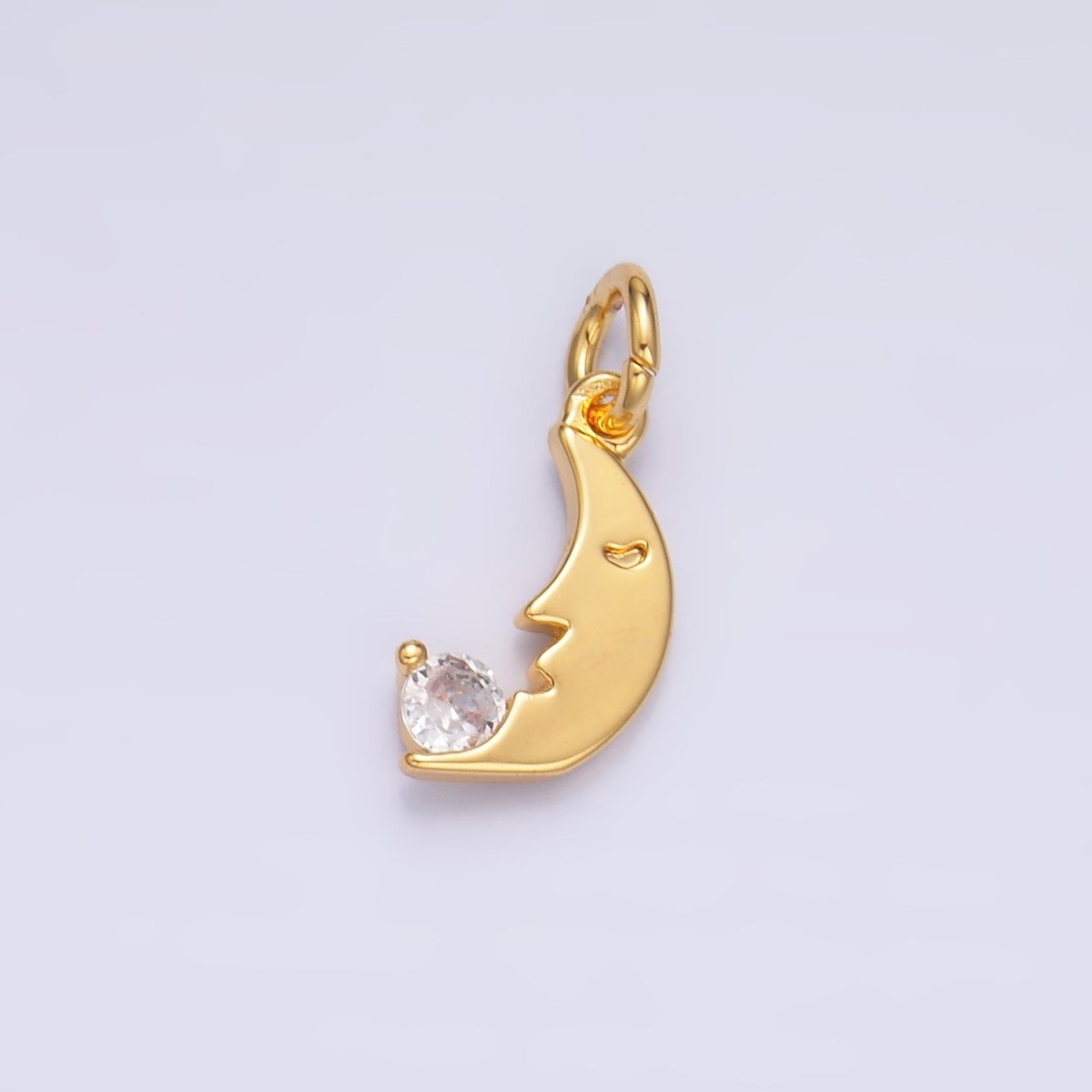 24K Gold Filled CZ Celestial Crescent Moon Face Charm in Gold & Silver | W834