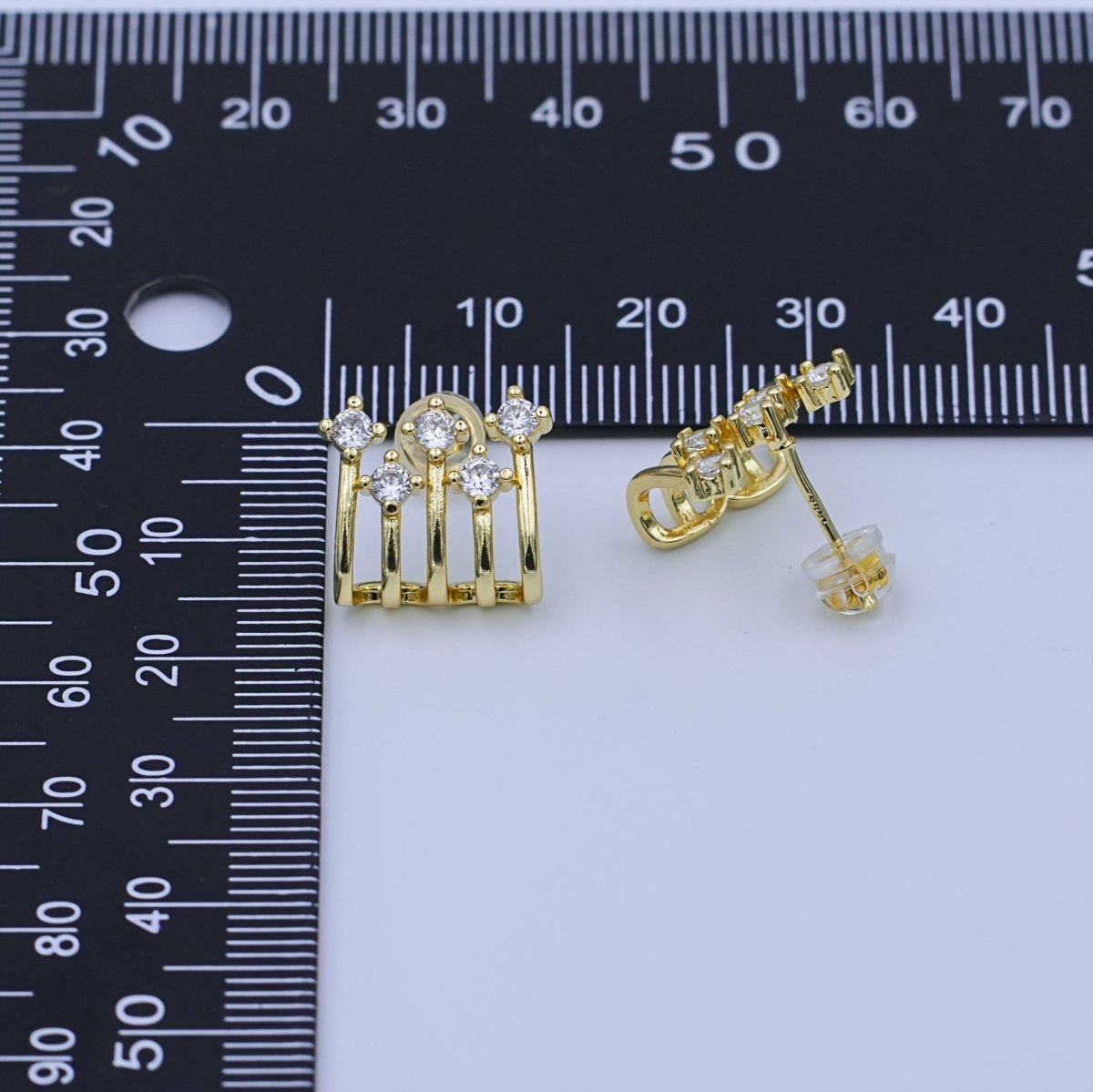 24K Gold Filled CZ Cluster Multiple Band J - Shaped Claw Stud Earrings | T442 - DLUXCA