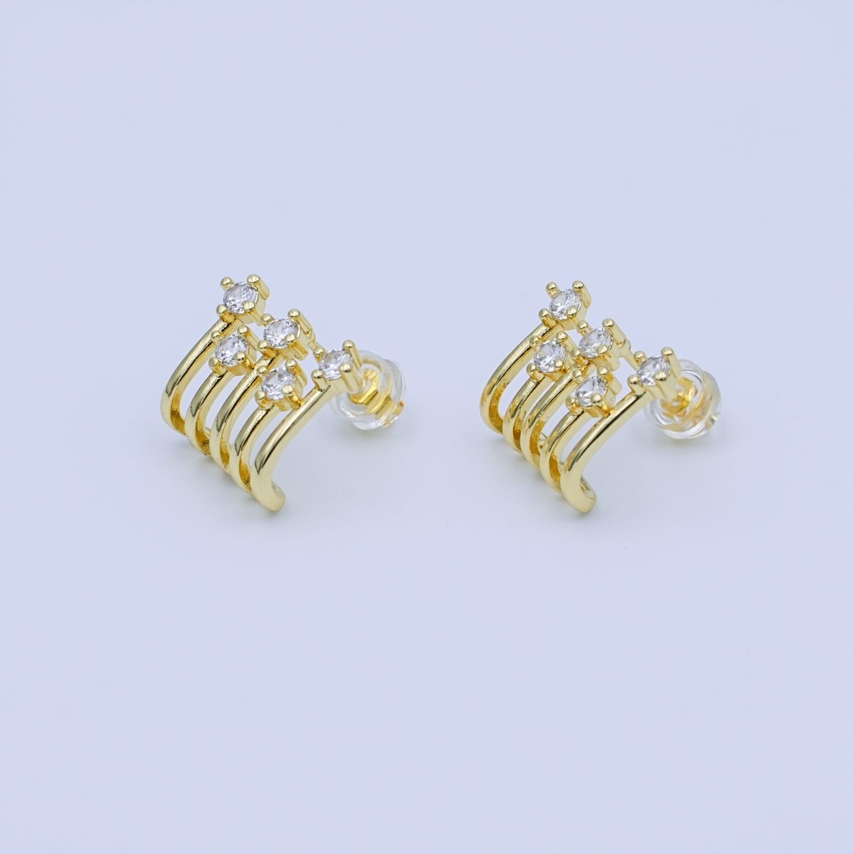 24K Gold Filled CZ Cluster Multiple Band J - Shaped Claw Stud Earrings | T442 - DLUXCA
