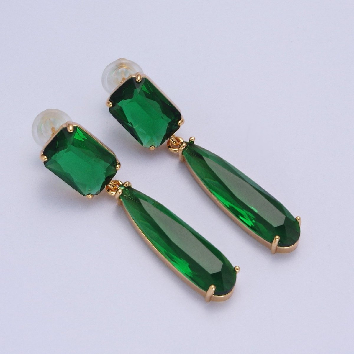 24K Gold Filled CZ Cubic Zirconia Baguette Teardrop Dangle Studs Earrings | AD-232~AD-243