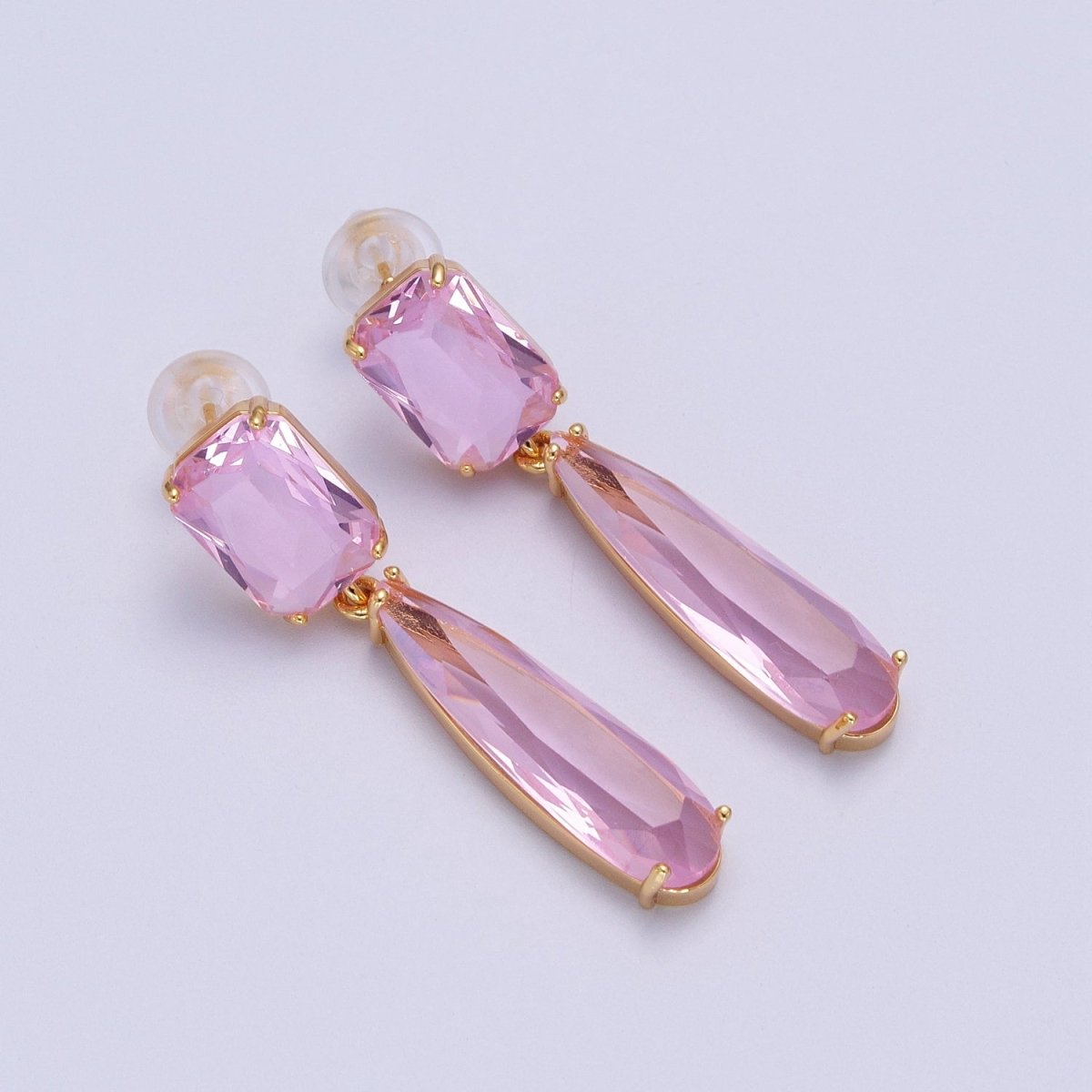 24K Gold Filled CZ Cubic Zirconia Baguette Teardrop Dangle Studs Earrings | AD-232~AD-243